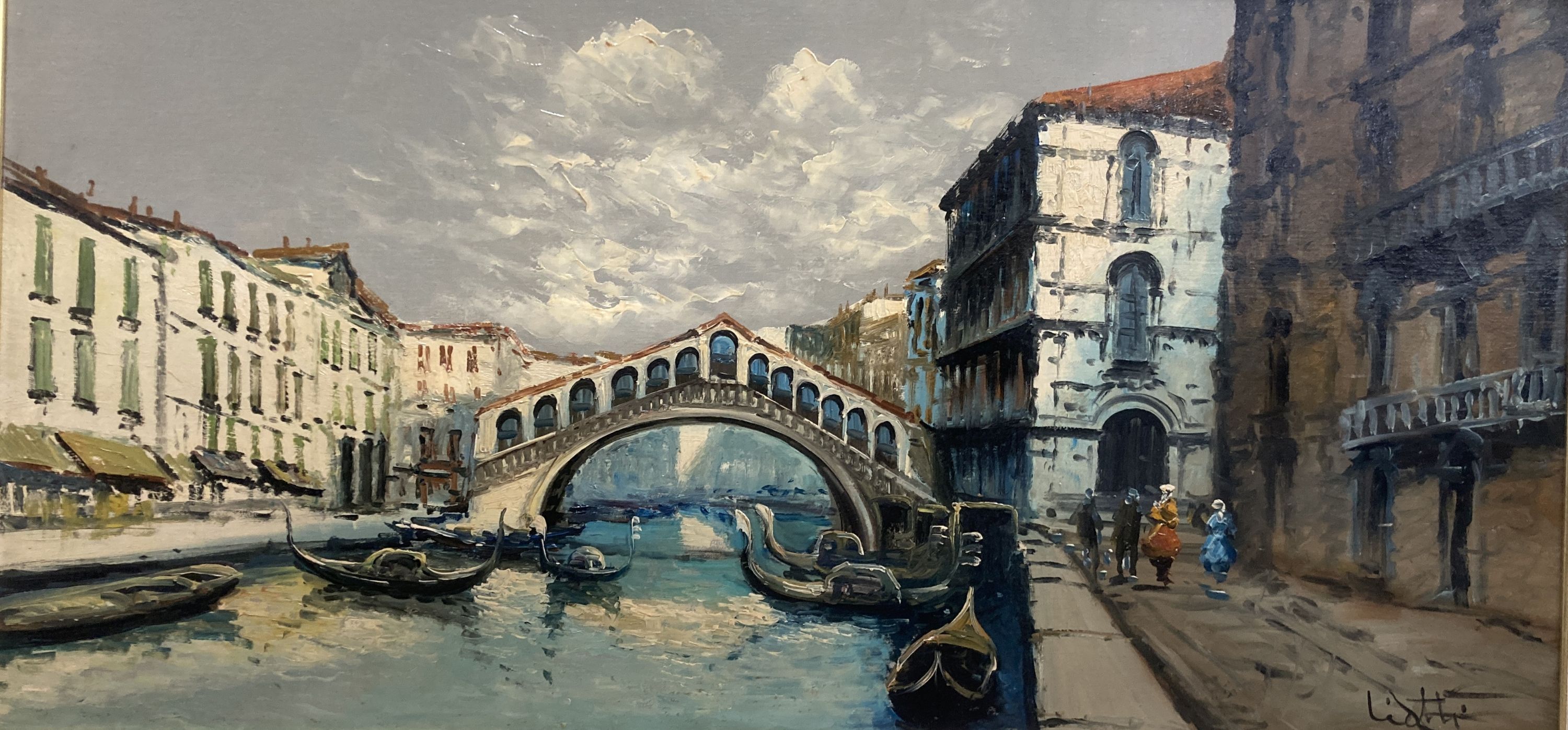 Pietro Virgilio Lietti (Italian, 20th century), oil on board, Rialto Bridge, Venice,